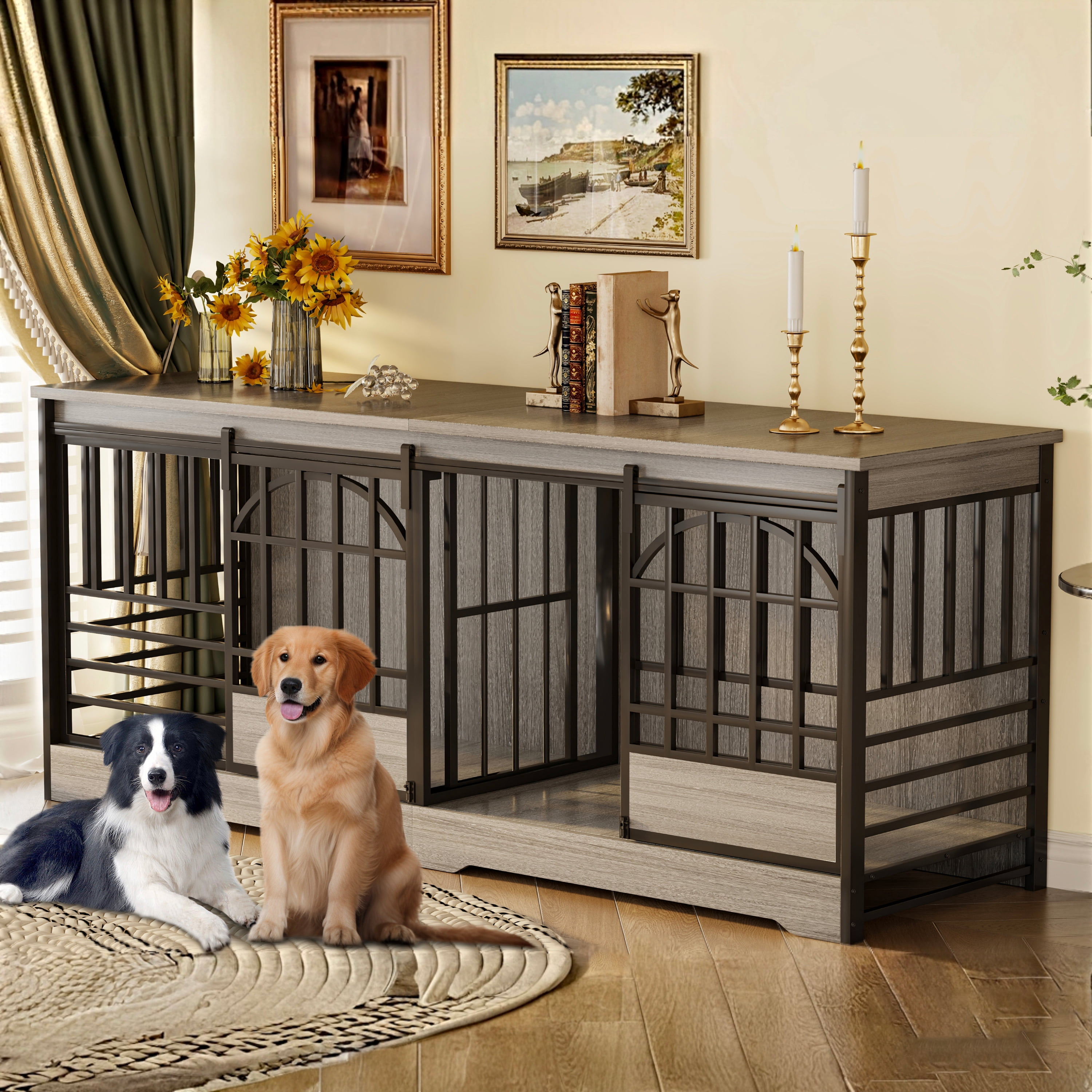 78 inch Dog Crate Furniture XXL Dog Cage Heavy Duty Dog Kennel Indoor with Removable Divider,Extra Large Double Cage Large Breed Gray