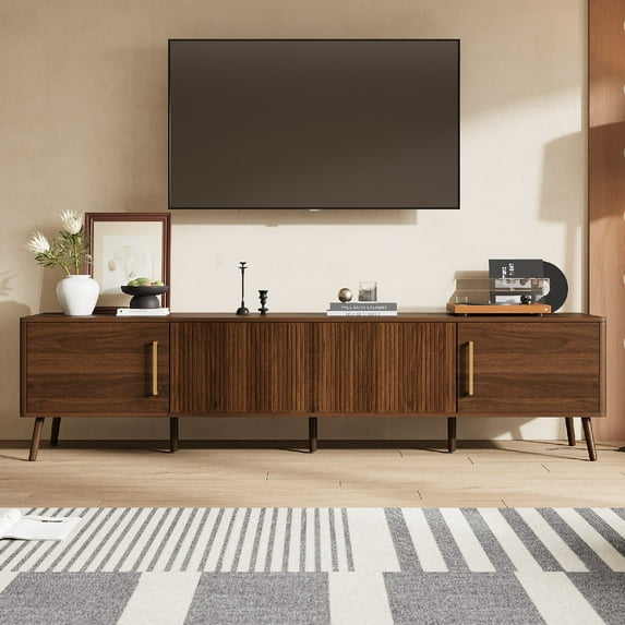 78 inch Modern TV Stand for TVs up to 85", Entertainment Center with Fluted Door & Cable Management, Soft-Closing Hinges, Solid Wood Legs for Living Room, Walnut