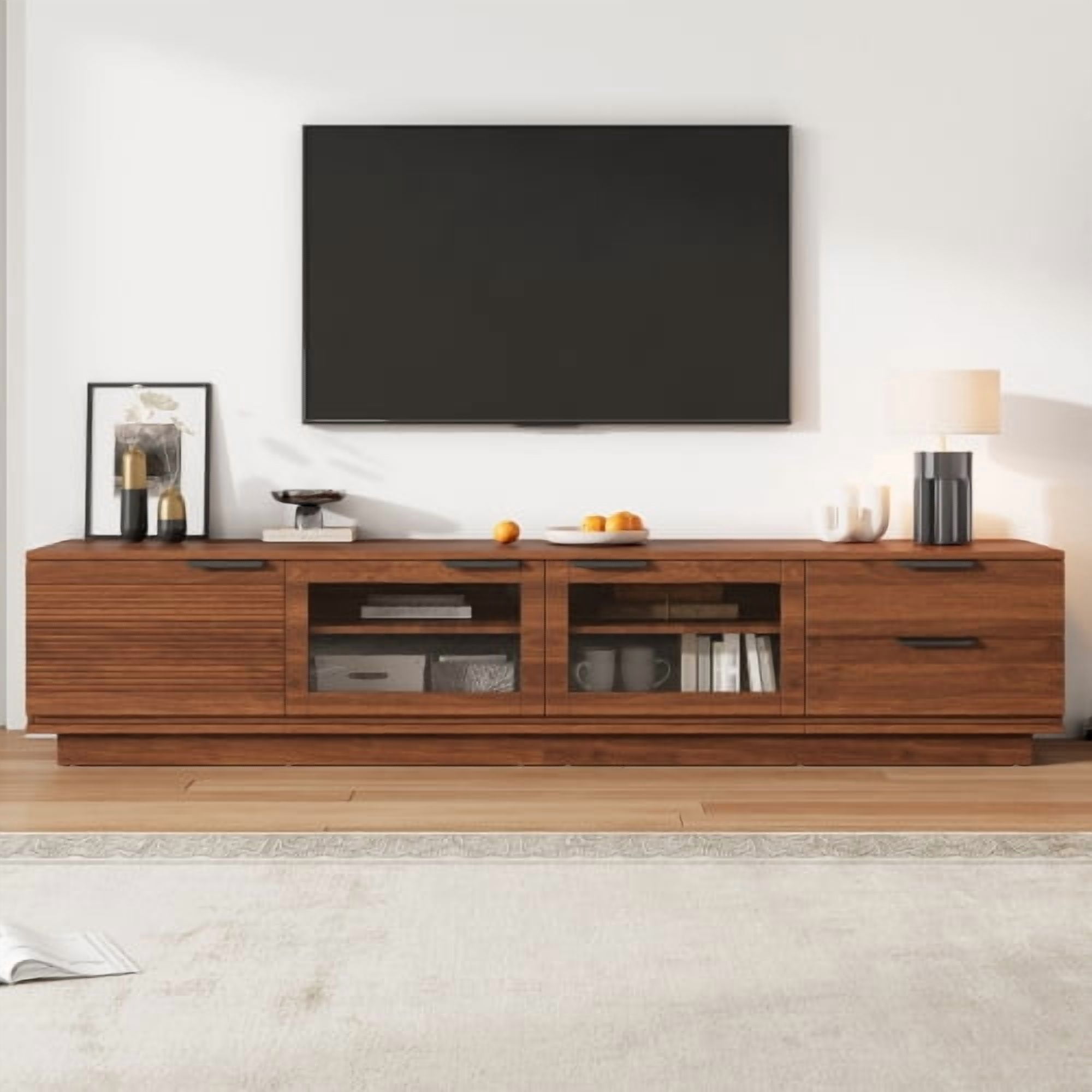 78-inch Modern TV Stand for TVs up to 85", Floor-Standing Entertainment Center with Two Drawers, Glass Doors, Soft-Closing Hinges, and Cable Management for Living Room