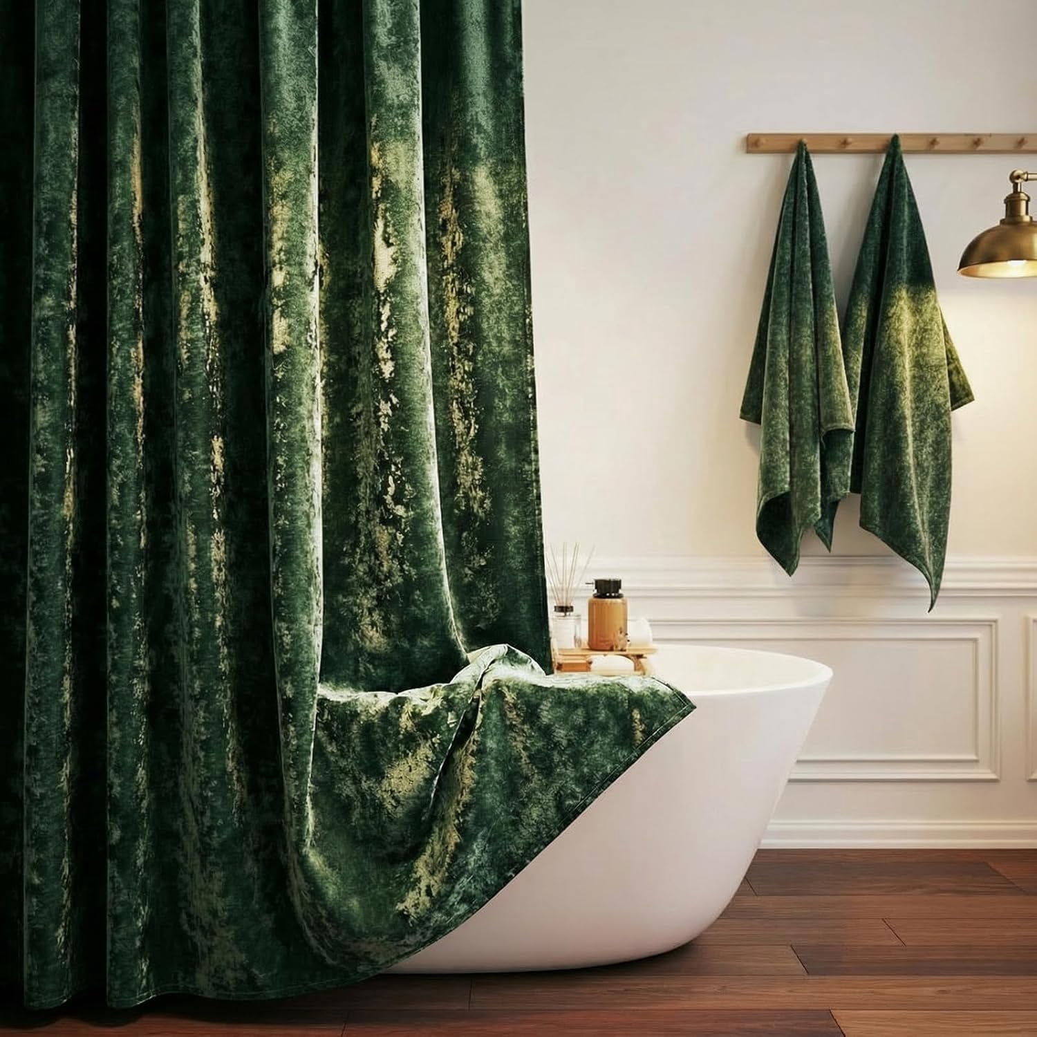 78 inch Shower Curtain, Crushed Velvet Long Shower Curtain Set with 12 Gold Hooks, Waterproof Thick Fabric, Machine Washable, 72W x 78H, Dark Green