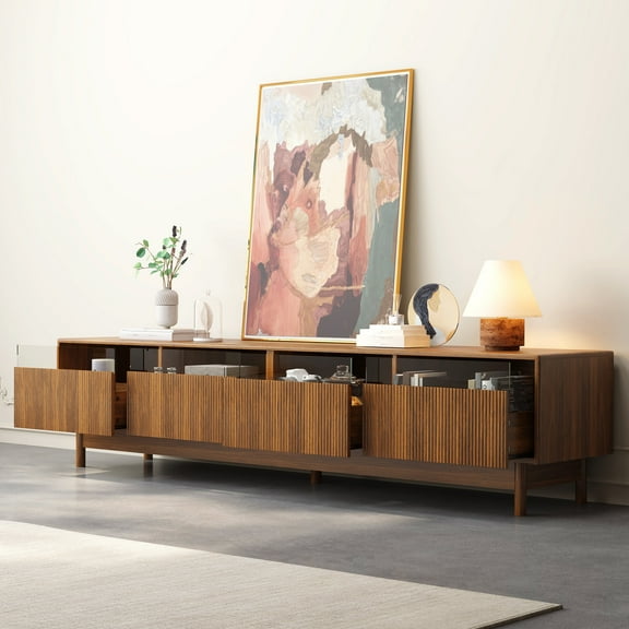 78-inch TV Stand for up to 85 Inch TVs, Modern Entertainment Center with Glass & Fluted Drawers, TV Media Console with Cable Management for Living Room, Walnut