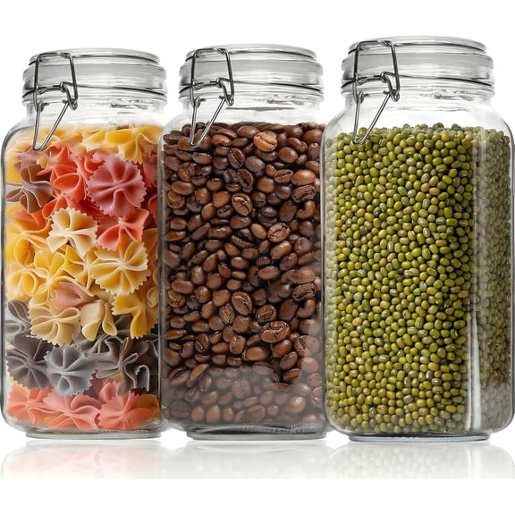 78 oz -3 packs of square glass jars with sealed lids, wide-mouth mason jars with clamping lids, airtight glass jars for flour, sugar, grains, pasta, rice, coffee