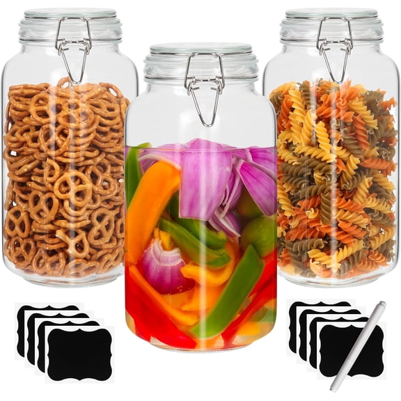 78 oz Glass Food Storage Jars with Airtight Clamp Lids, Set of 3 Kitchen Canisters, Square Mason Jars Containers for Pasta, Coffee, Candy, Flour, Cereal, Dog Treats, Snacks and Canning