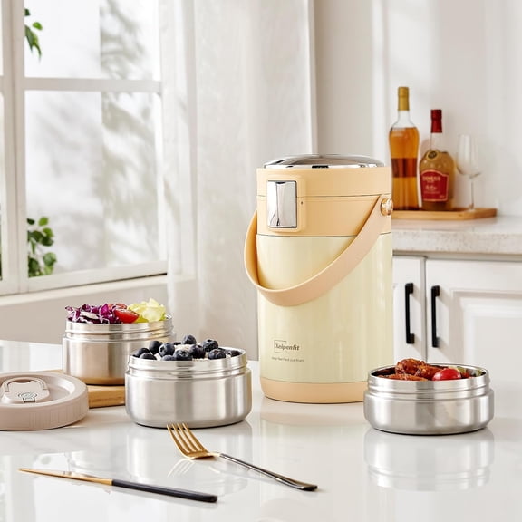 78 oz Stainless Steel Vacuum Insulated Food with 3 Tier Stackable Bento Containers (Beige)