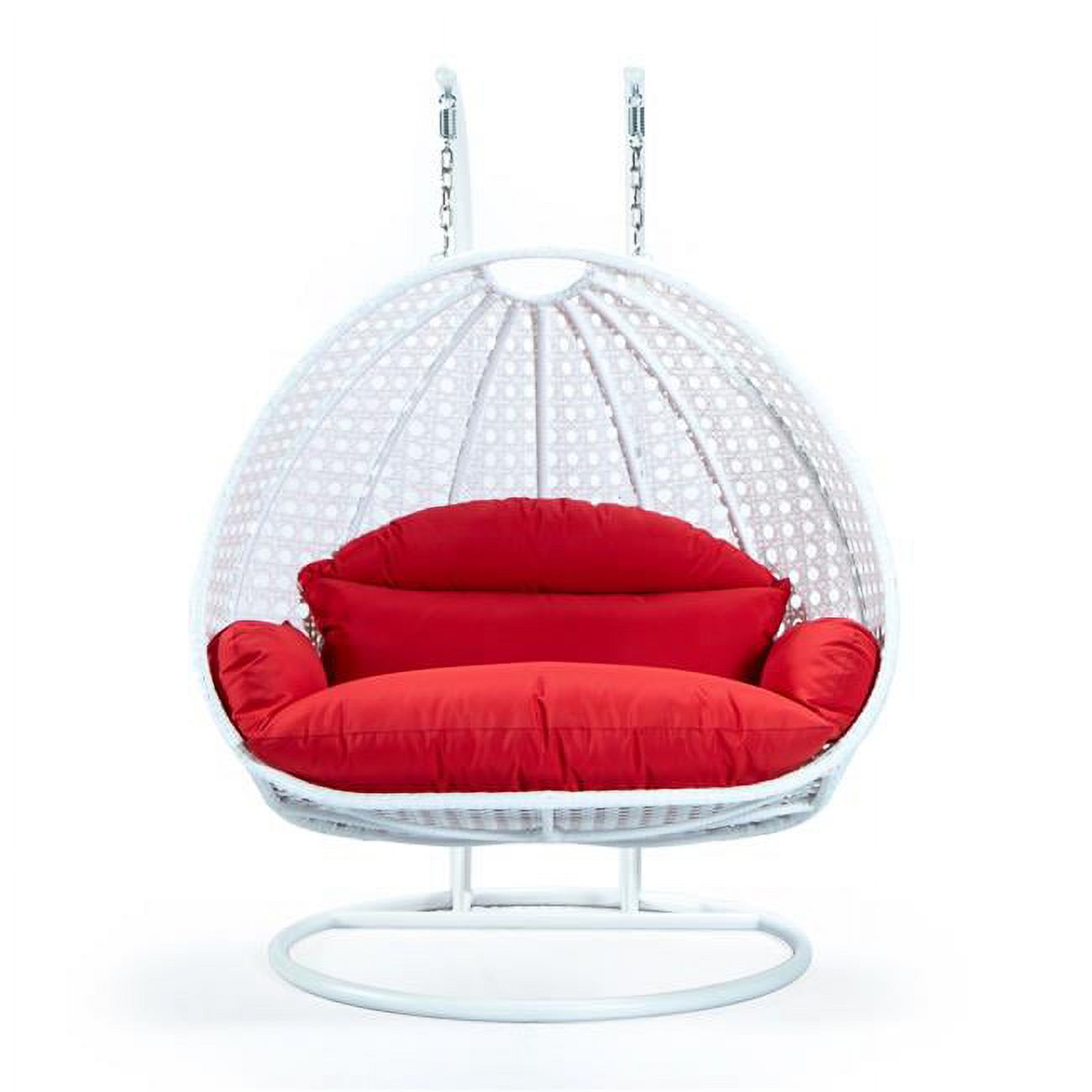 78 x 57 x 27 in. White Wicker Hanging 2 Person Egg Swing Chair, Red