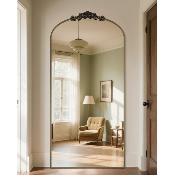 78"x38" Vintage Arched Full-Length Mirror with Carved Metal Frame, Baroque-Style Floor Mirror for Living Room, Bedroom, Entryway or Hallway Decor, Bronze