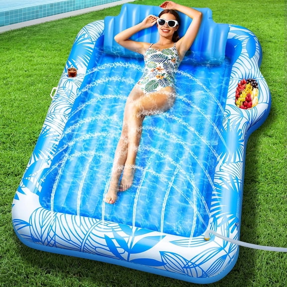 78"x50" Inflatable TanningPool Lounger Float with Sprinkler, Extra Large Pool Floats Adult with Pillow 6 in 1 Suntan Tub Raft Floatie with Food Drink Holder, Blow Up Tanning Bed for Summer Pool Party