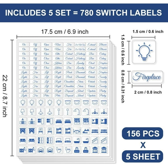 780 Pcs Light Switch Sticker Labels 62 Designs Transparent Switch ID Sticker Blue Switchboard Label Decals for Home Kitchen Bathroom Office School