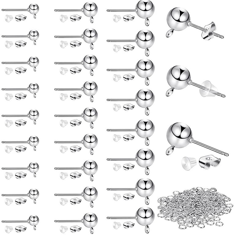 780 Pieces 3 Sizes Ball Post Earring Studs with Loop 4 mm 5 mm 6 mm Round  Ball Earring Posts, Butterfly Earring Backs, Silicone Clear Earring Backs,  Open Jump Rings for DIY Jewelry (Silver) 