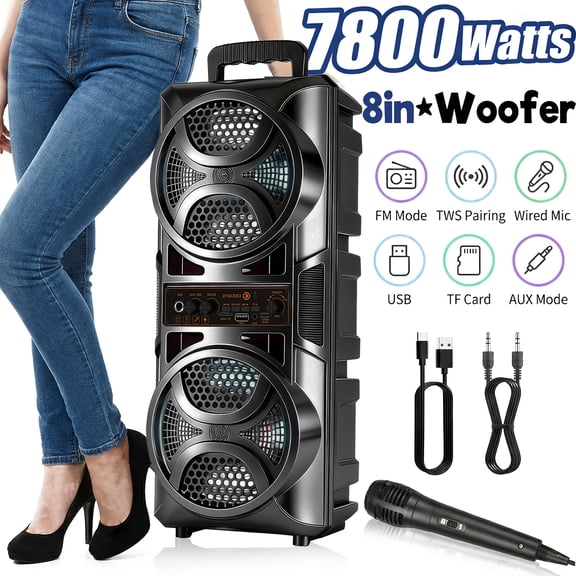 7800W Bluetooth Party Speaker with Mic, Portable PA System with Subwoofer, RGB Lights, Karaoke, Compatible with Bluetooth/USB/TF/AUX/FM/TWS, Perfect Gift