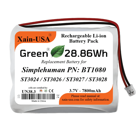 7800mAh ULTRA-CAPACITY Replacement Battery for Simplehuman PN:BT1080 Model: ST3024 Sensor Mirror Trio, 3.7V Rechargeable Li-ion Pack, Built with Xain-Xtra Cells for 1000+ Cycles.