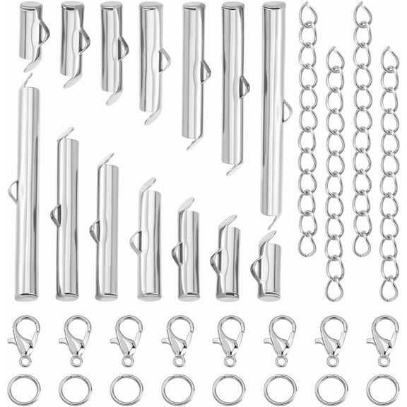 780Pcs Slide On End Clasp Tube Set End Caps Crimp Platinum Jewelry Making Findings Kits Lobster Claw Clasps Open Jump Rings Twist Extender Chains for DIY