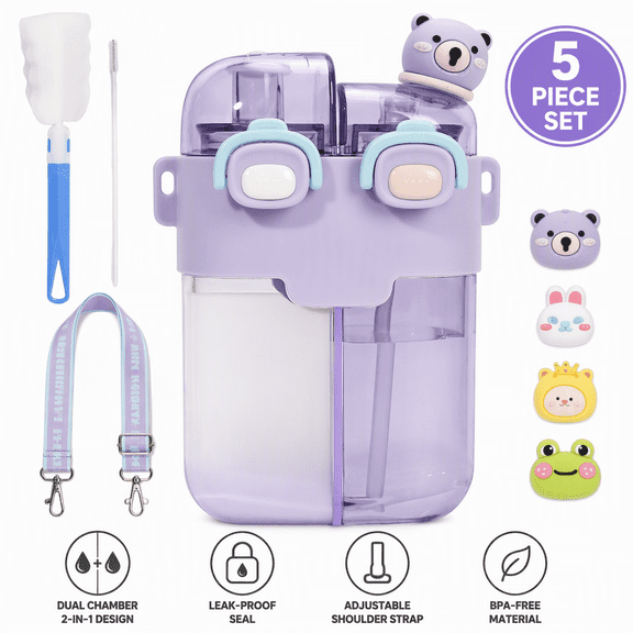 780ml Dual Chamber Water Bottle with Straws & Shoulder Strap, 26oz Split Compartment 2-in-1 Drink Tumbler for Travel, Gym, Walking & Daily Hydration (Purple)