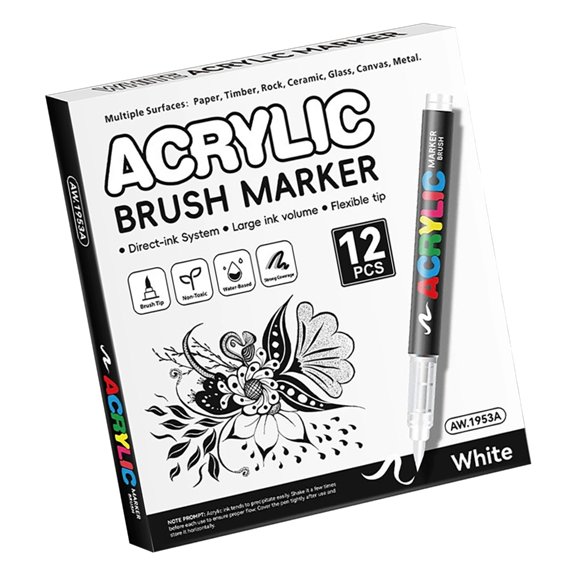 7829 12Pcs Liquid Acrylic Marker Brush Tip Acrylic Paint Pen for Journaling Drawing on Paper Stone Rock Canvas Wood Glass