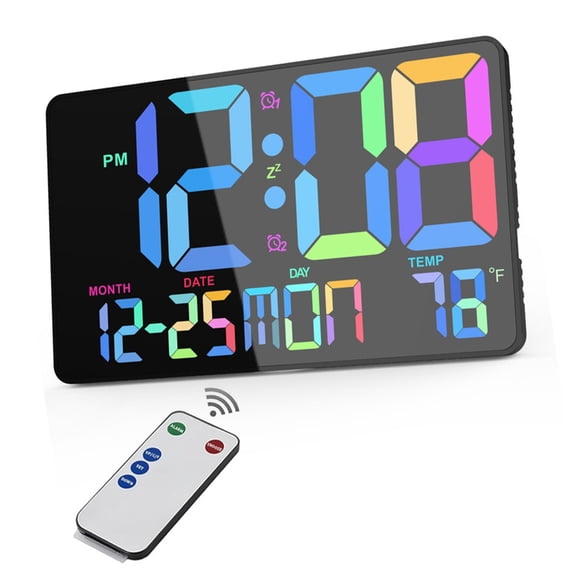 Large LED Digital Wall Clock with Remote Control, Alarms, Color Change for Bedroom