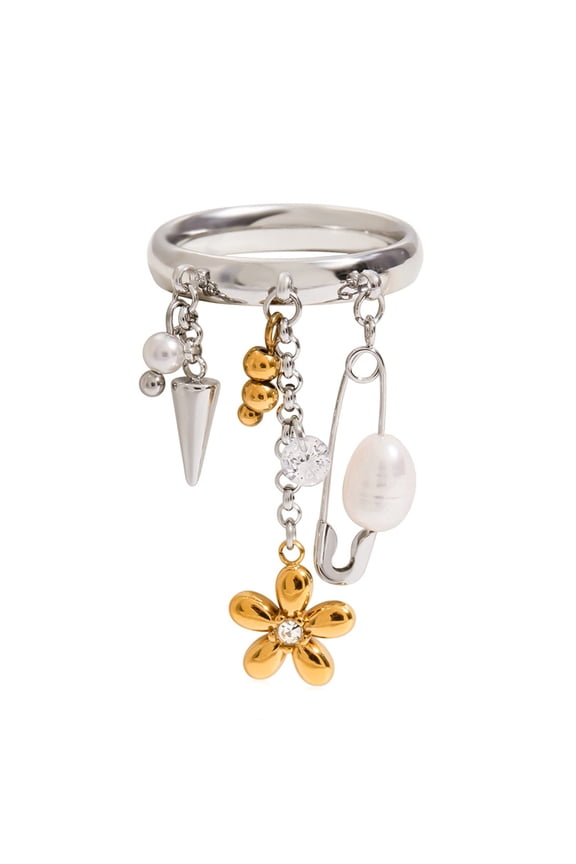 7829 Moving Tassels Rings Freshwater Pearls Flower Accent Stainless Steel Womens Jewelry