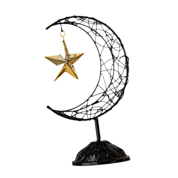 7829 Ramadans Eid Table Decoration Handheld Hollowout Metal Moon and Star Ornament with Base for Islamic Centerpieces Decors