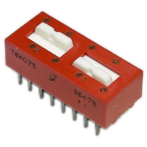 78K02ST  Switch DIP ON OFF DPDT 2 Raised Slide 0.15A 30VDC PC Pins 2000Cycles/SwitchCycles 2.54mm Thru-Hole 78K02S