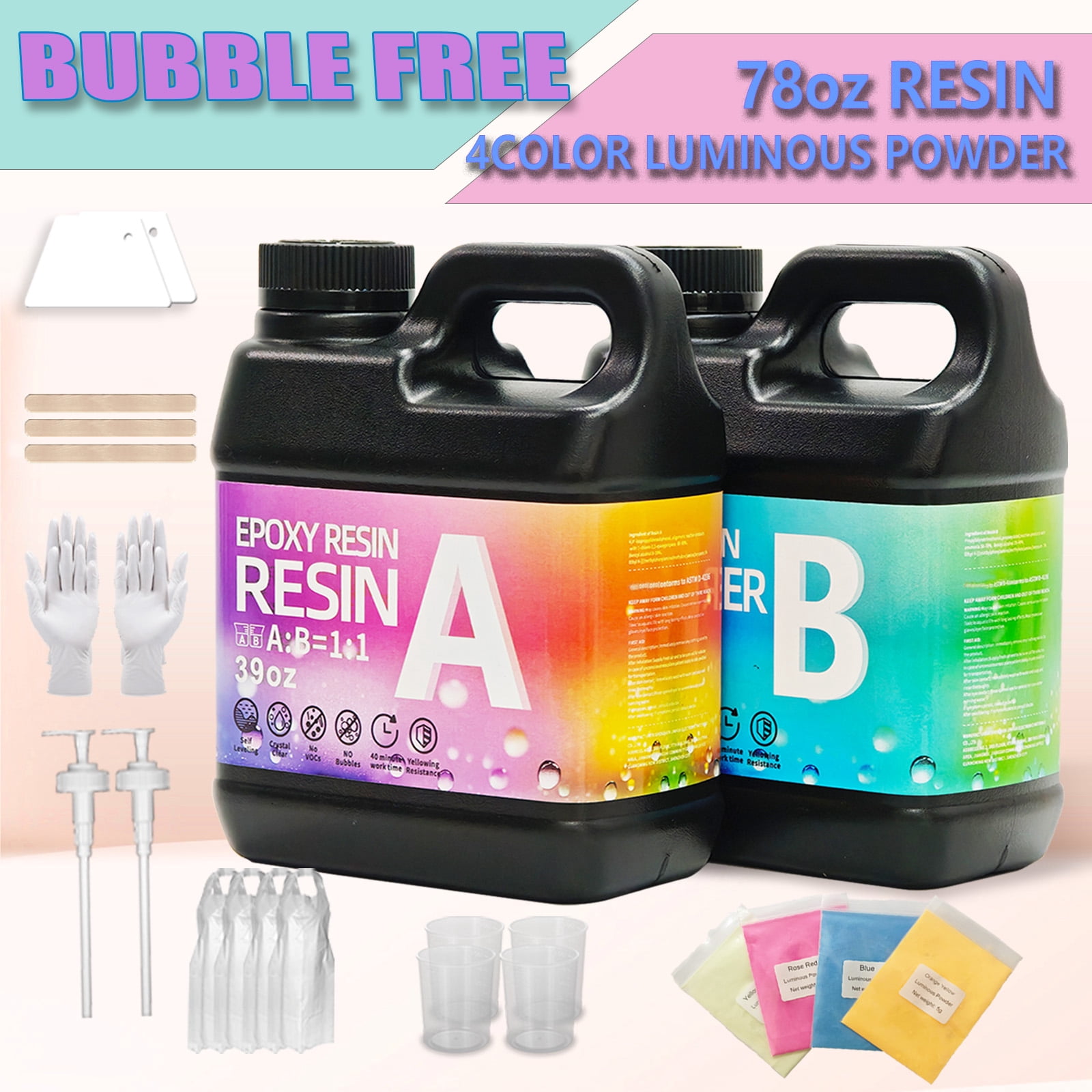 78OZ Epoxy Resin Kit，With 4 luminous power Crystal Clear Epoxy Resin, Strong, Bubble-Free, Anti-Yellowing Art Resin That, Suitable for Casting, DIY, Molds, Jewelry, Easy to Mix 1:1 Ratio