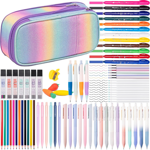 78PCS Cute Pencil Case with Supplies, Pastel Highlighters Gel Pens Mechanical Pencils Set, Stationary Set with Pencil Pouch, Purple Green Gradient