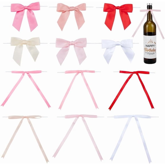 78Pcs 12 Styles Twist Tie Bows Colorful Satin Ribbon Bows for Treat Bags Elegant Premade Ribbon Bowknot Pink Craft Bows for Gift Wrapping Basket Candy Bags Wedding Birthday Party Decor Multi-color