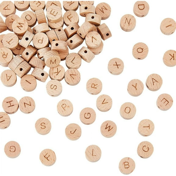 78Pcs 26 Styles Undyed Wood Beads Horizontal Hole Flat Round with Laser Engraved Letter Letter A~Z 15x8mm Hole: 3mm 3pcs/style