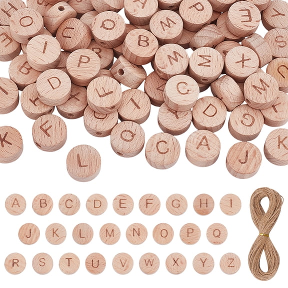 78Pcs 26 Styles Wood A-Z Letter Beads 15.5mm Alphabet Loose Beads Wooden Flat Round Letters Bead Wooden Bead with 10m Hemp Rope