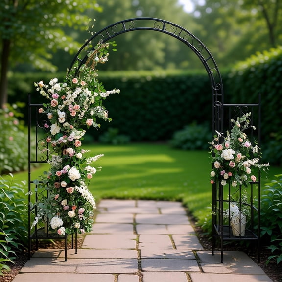 78in Arc Roof Double Layer Iron Garden Arch Rustproof Powder Coated Black Heavy Duty Freestanding Trellis for Climbing Plants Roses Ivy Vines Courtyard Garden Pathway Wedding Decor Outdoor Structure