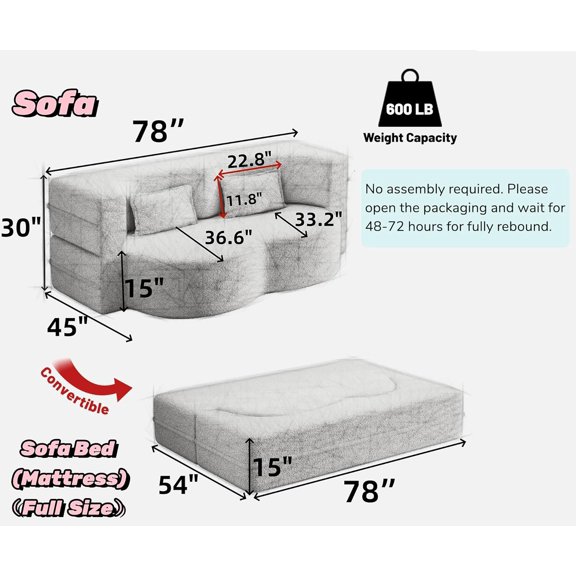 78in Convertible Sofa Bed with Soft Teddy Fabric for Living Room Guest Room