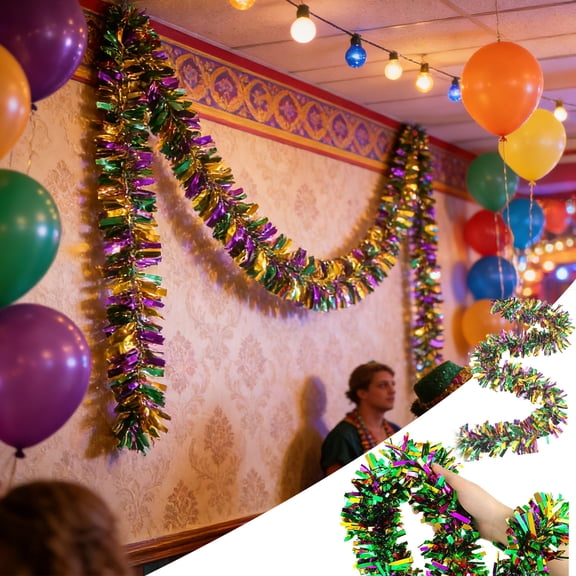 78in Mardi Gras Garland, 5 Layer Thick Curly Ribbon Decorations, Purple Green Gold Sparkly Tinsel, Voluminous Festive Home Decor for Party, Christmas Tree, Wedding, Carnival Supplies