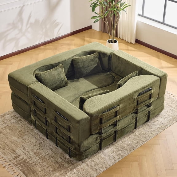 LUCKHAO Modern Foam Teddy Fabric Convertible and Oversized Sleeper Sofa Bed Loveseat with 2 Pillows, Green