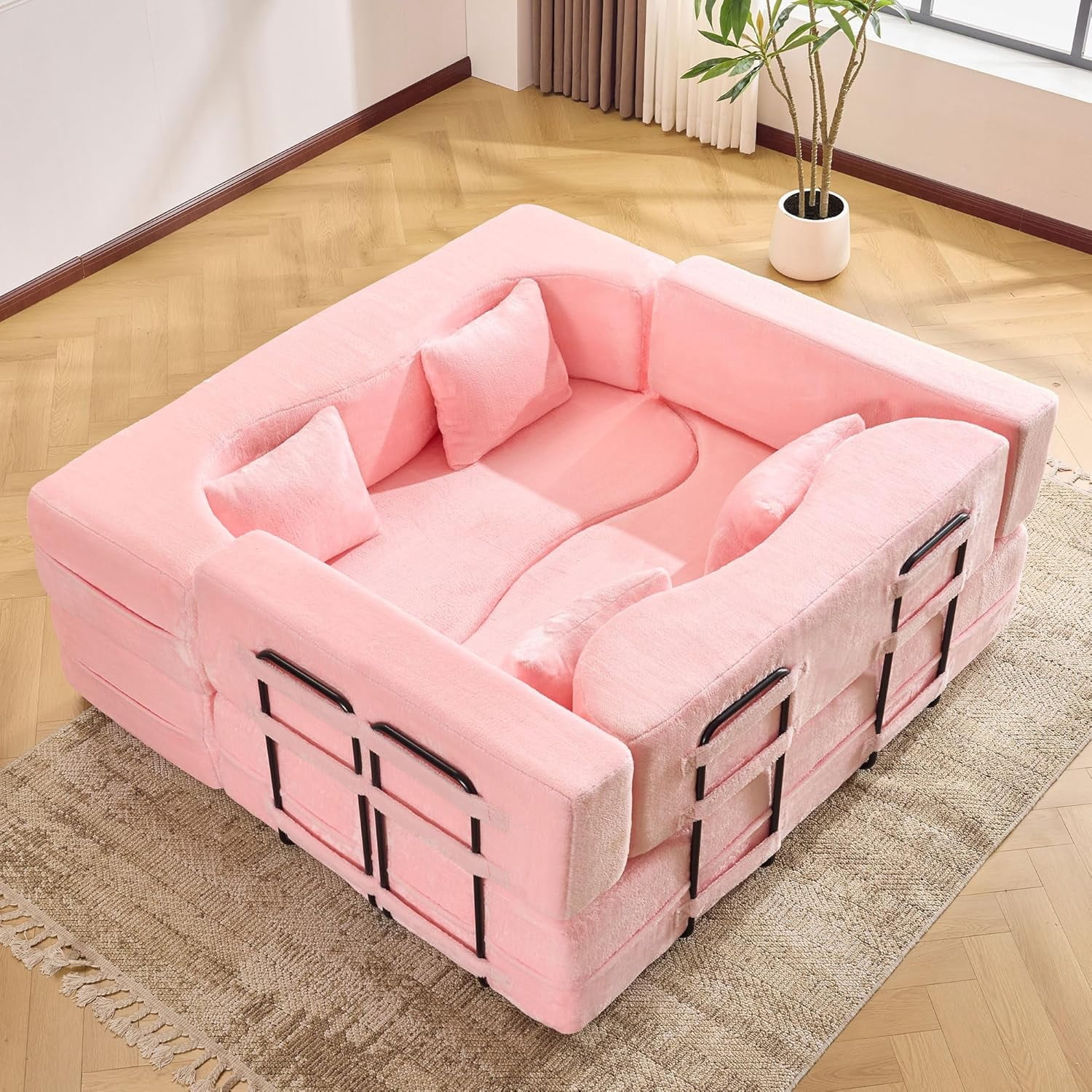 LUCKHAO Modern Foam Teddy Fabric Convertible and Oversized Sleeper Sofa Bed Loveseat, Pink