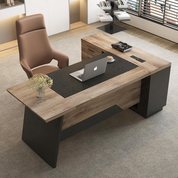 78inch L-Shaped Executive Desk with Built-In Outlet File Cabinet Left Return