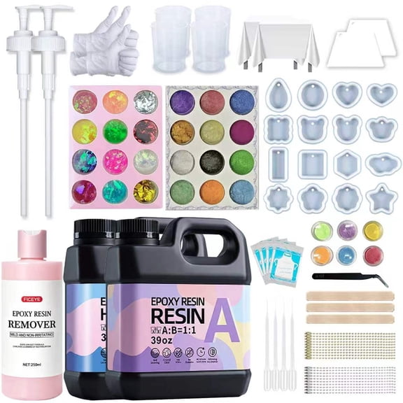 78oz Epoxy Resin Kit, 1:1 Crystal Clear Resin and Hardener with 250ml Resin Remover, Pigment Powders, Silicone Molds, Measuring Cups, Gloves, Complete Tools for River Table, Jewelry & DIY Resin Craft