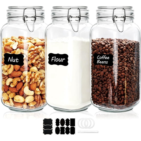 78oz Glass Storage Jars with Airtight Lids Set of 3, Pantry Storage Containers with Lids, Square Large Airtight Glass Jars, Perfect for Kitchen Canning Cereal, Pasta, Flour, Coffee Beans