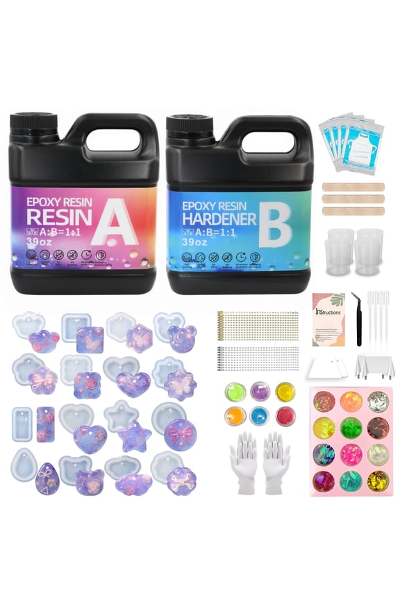78oz Total 1:1 Epoxy Resin Kit (39oz A + 39oz B) - Complete Beginner Resin Casting Kit with Silicone Molds, Pigments, Glitter, Tools for Jewelry, Keychains & DIY Crafts