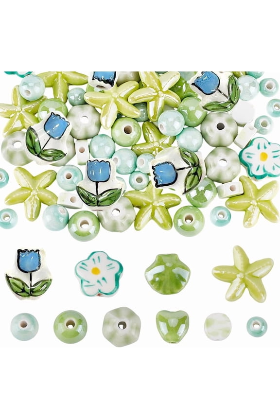 78pcs Ceramic Flower Beads 10 Styles Green Round Handmade Porcelain Beads Flower Heart Round Ceramic Bead Shell Starfish Spacer Bead for DIY Crafts Bracelets Necklace Jewelry Making Green DIY