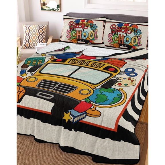 78x90in Quilt Bedding Set, Back To School Bus Book Brush Lightweight Coverlet Summer Comforter Set Soft Microfiber Bedspread, Basketball Black Stripe Flax 3 Piece Quilt Set with 2 Pillow Shams