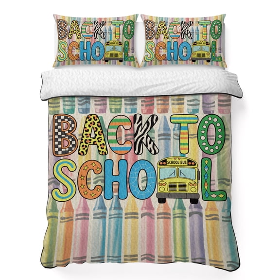 Full Quilt Bedding Set Back to School Bus Crayon Breathable Summer Cooling Blanket for Hot Sleepers, Leopard Plaid Stripe Texture Linen Soft Bedding Set with 2 Pillow Shams for All Season