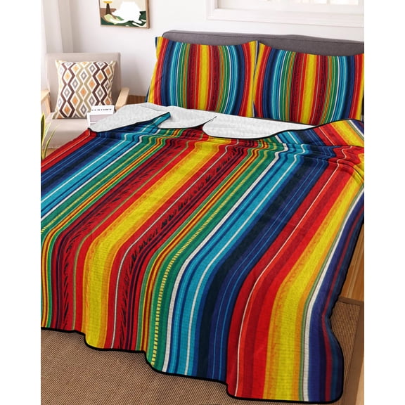 78x90in Quilt Bedding Set, Boho Ethnic Mexican Stripes Lightweight Coverlet Summer Comforter Set Soft Microfiber Bedspread, Native Colorful American Stripe 3 Piece Quilt Set with 2 Pillow Shams