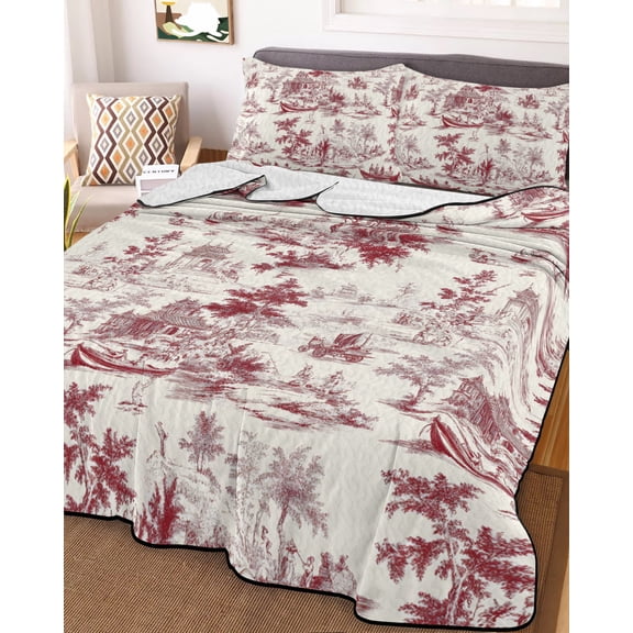 78x90in Quilt Bedding Set, Chinese Style Asian Scenic Garden Lightweight Coverlet Summer Comforter Set Soft Microfiber Bedspread, Chinoiserie Retro Landscape 3 Piece Quilt Set with 2 Pillow Shams