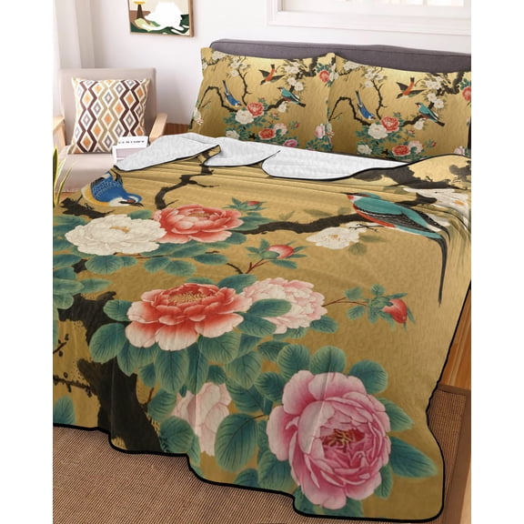 78x90in Quilt Bedding Set, Chinese Style Peony Rose Bird on Yellow Lightweight Coverlet Summer Comforter Set Soft Microfiber Bedspread, Watercolor Floral 3 Piece Quilt Set with 2 Pillow Shams