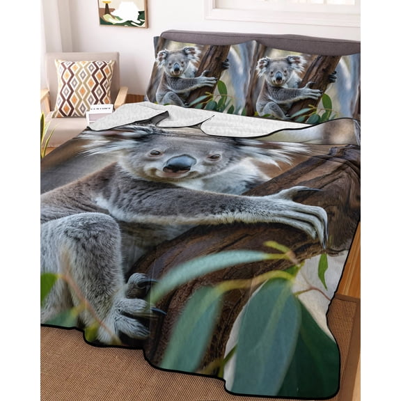 78x90in Quilt Bedding Set, Cute Koala Animal Lightweight Coverlet Summer Comforter Set Soft Microfiber Bedspread, Trees Leaves Jungle 3 Piece Quilt Set with 2 Pillow Shams All Seasons Use