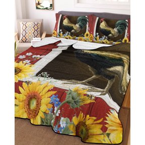 78x90in Quilt Bedding Set, Farm Rooster Sunflower Lightweight Coverlet Summer Comforter Set Soft Microfiber Bedspread, Rustic Red Wooden Texture 3 Piece Quilt Set with 2 Pillow Shams All Seasons Use