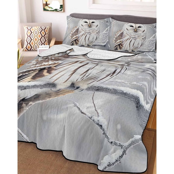 78x90in Quilt Bedding Set, Farmhouse Owl on Tree Branch Lightweight Coverlet Summer Comforter Set Soft Microfiber Bedspread, Winter Bird Natural Scenery 3 Piece Quilt Set with 2 Pillow Shams