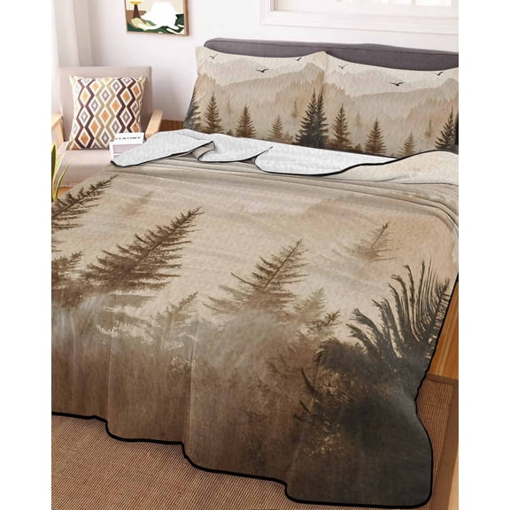 78x90in Quilt Bedding Set, Foggy Mountain Forest Tree Bird Lightweight Coverlet Summer Comforter Set Soft Microfiber Bedspread, Retro Natural Scenic Theme 3 Piece Quilt Set with 2 Pillow Shams