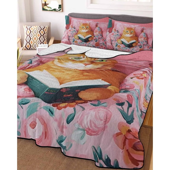78x90in Quilt Bedding Set, Funny Reading Ginger Cat Lightweight Coverlet Summer Comforter Set Soft Microfiber Bedspread, Boho Animals Pink Flower Patterns 3 Piece Quilt Set with 2 Pillow Shams