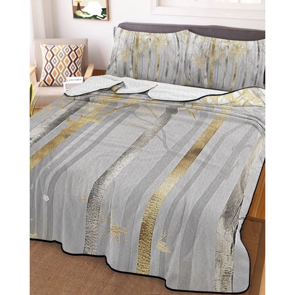 78x90in Quilt Bedding Set, Grey Golden Forest Tree Branches Lightweight Coverlet Summer Comforter Set Soft Microfiber Bedspread, Abstract Oil Painting Style 3 Piece Quilt Set with 2 Pillow Shams