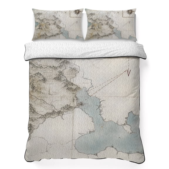 Full Quilt Bedding Set Middle Earth Map on Retro Breathable Summer Cooling Blanket for Hot Sleepers, Abstract Mountain Blue Lake Lightweight Soft Bedding Set with 2 Pillow Shams for All Season