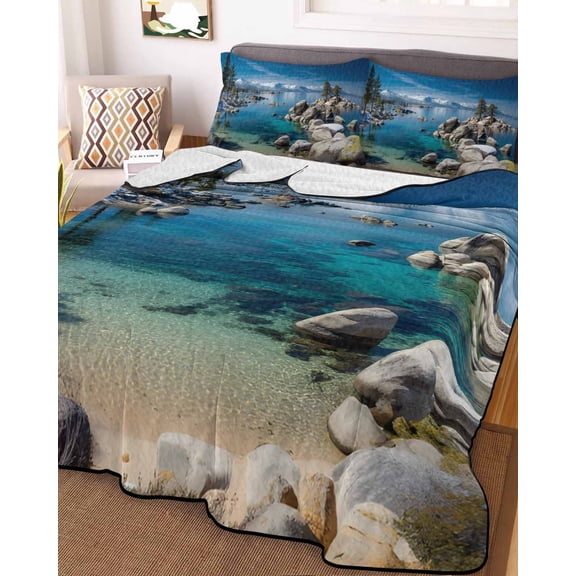 78x90in Quilt Bedding Set, Nature Landscape Scenery Lightweight Coverlet Summer Comforter Set Soft Microfiber Bedspread, Snow Mountain Lake Sky 3 Piece Quilt Set with 2 Pillow Shams All Seasons Use